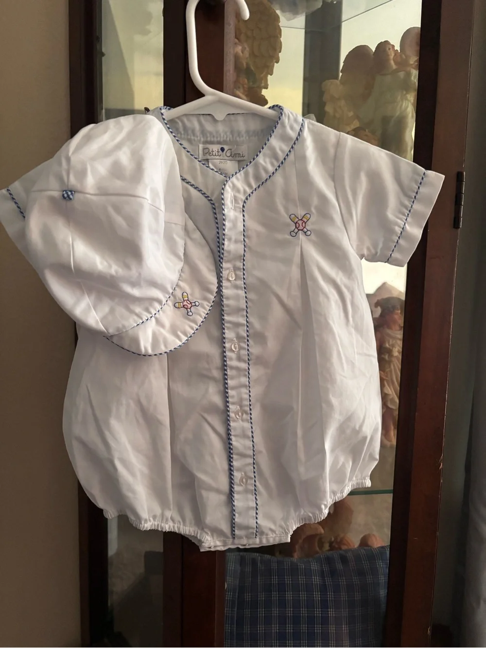 Petit Ami White baseball Bubble Romper with Blue Trim and Embroidery